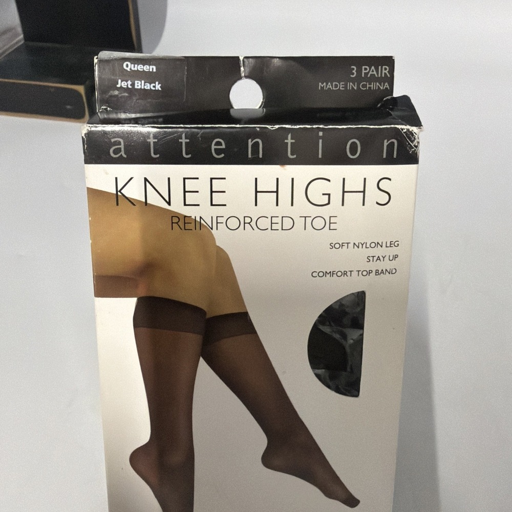 Attention 2 Pair Knee Highs w/Reinforced Toe Jet Black - Queen, Sock Size 10-12